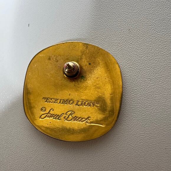 Vintage Laurel Burch Eskimo Lion Earrings 80's Gold Plate Blue Boho Round - Picture 4 of 5